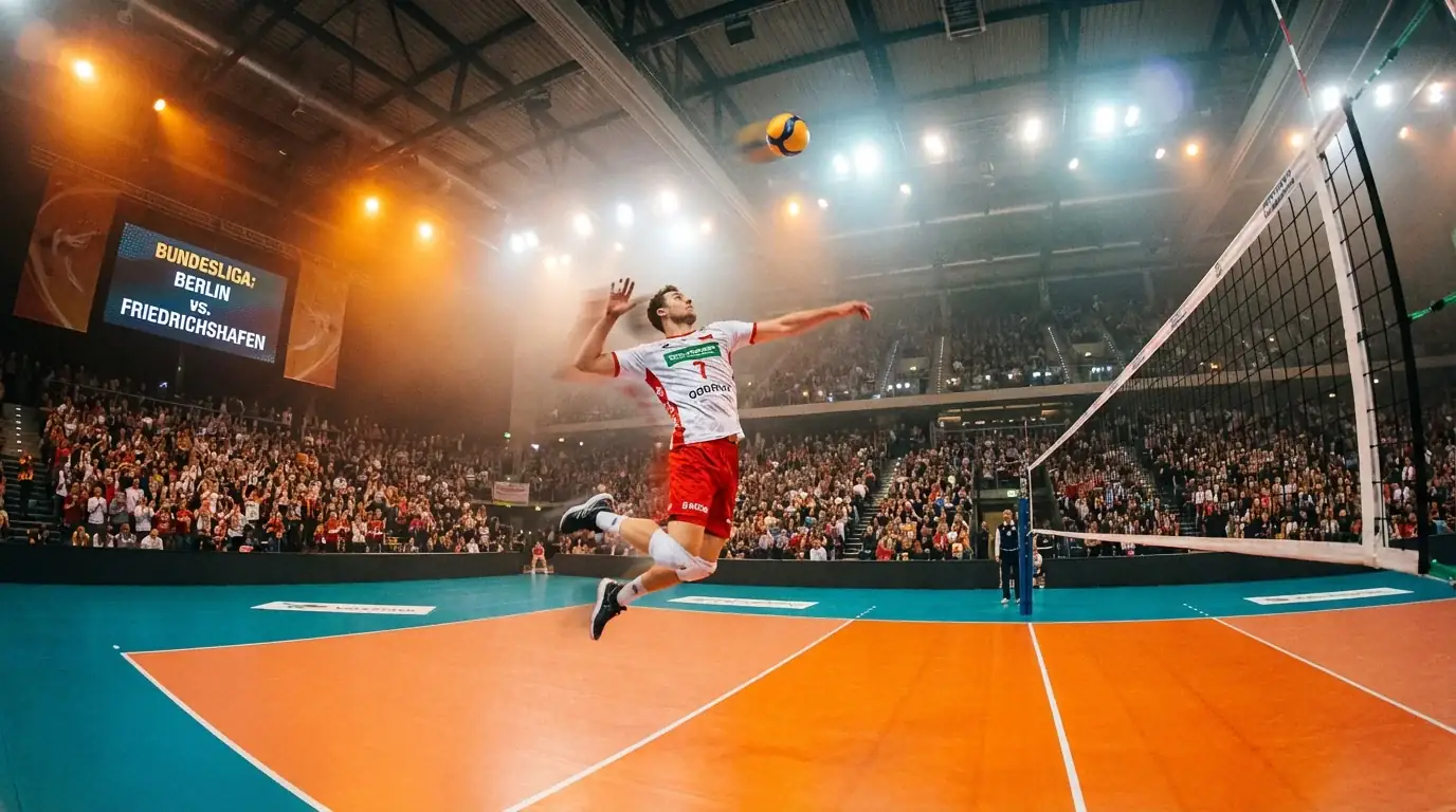 Volleyball Bundesliga Spielszene mit Netzaktion